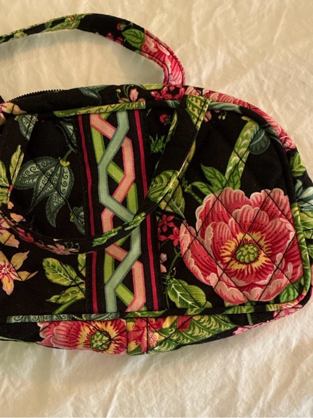Vera Bradley Black Mini Quilted Bag with Pink & Green Floral Pattern